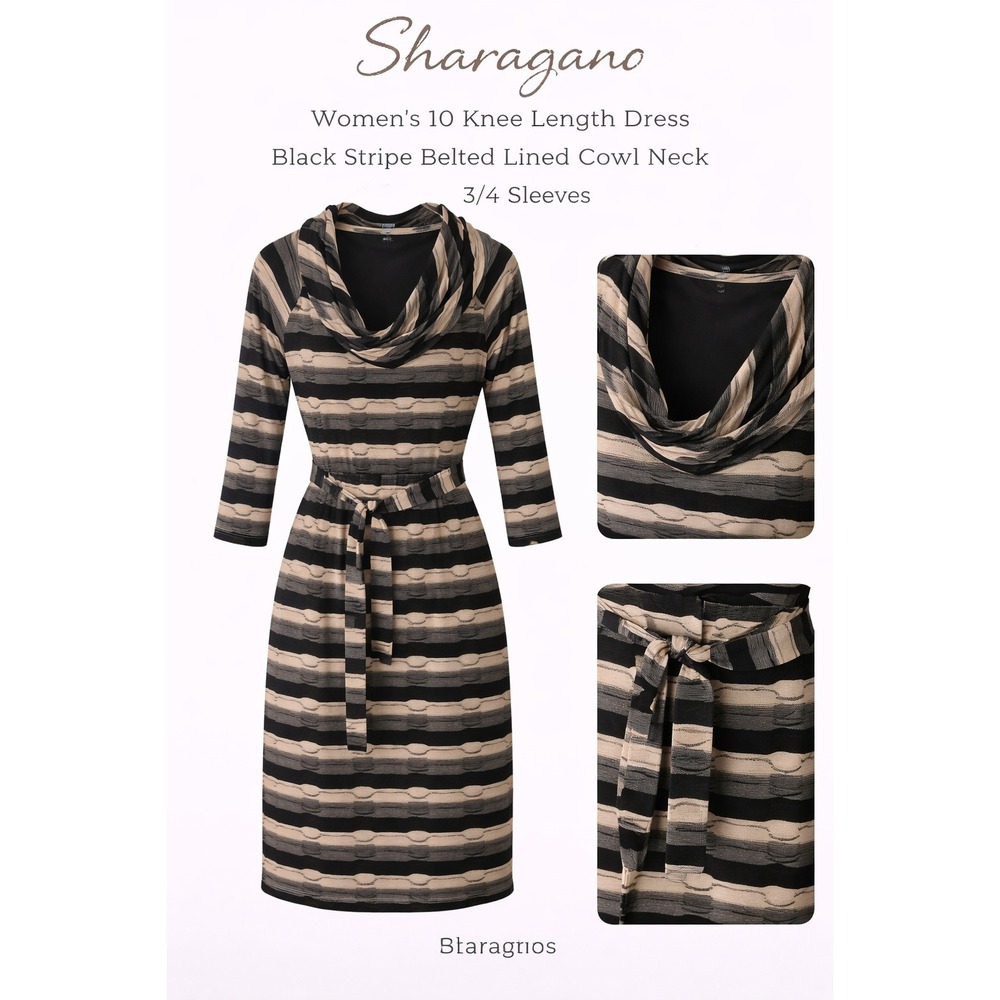 Sharagano Womens 10 Dress Black Stripe Belted Lined Cowl Neck 3/4 Sleeve Knee
